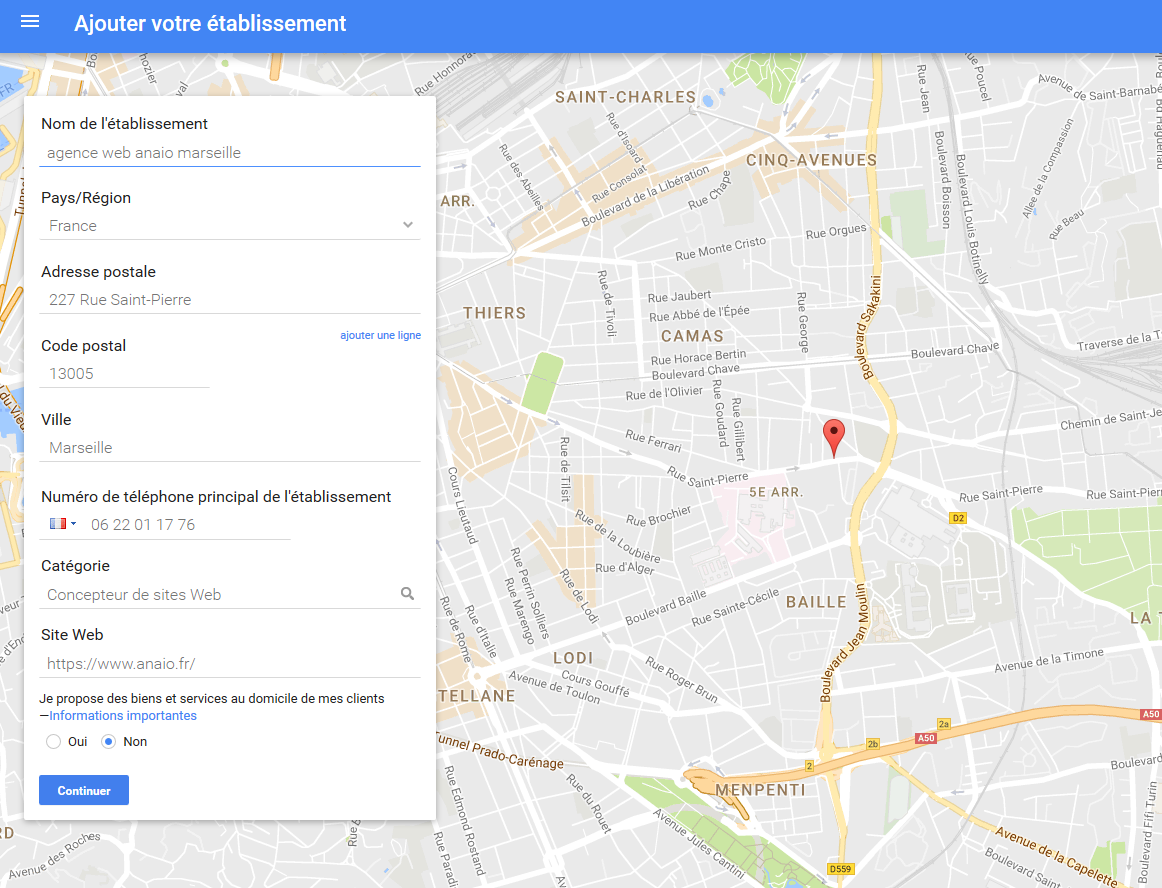 formulaire fiche entreprise google map