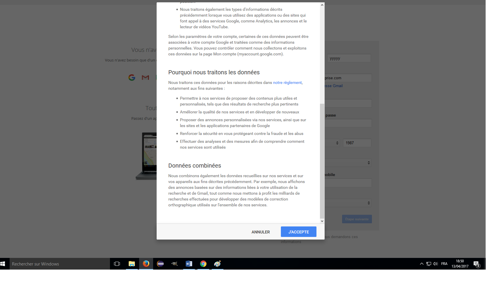 conditions générales inscription compte google