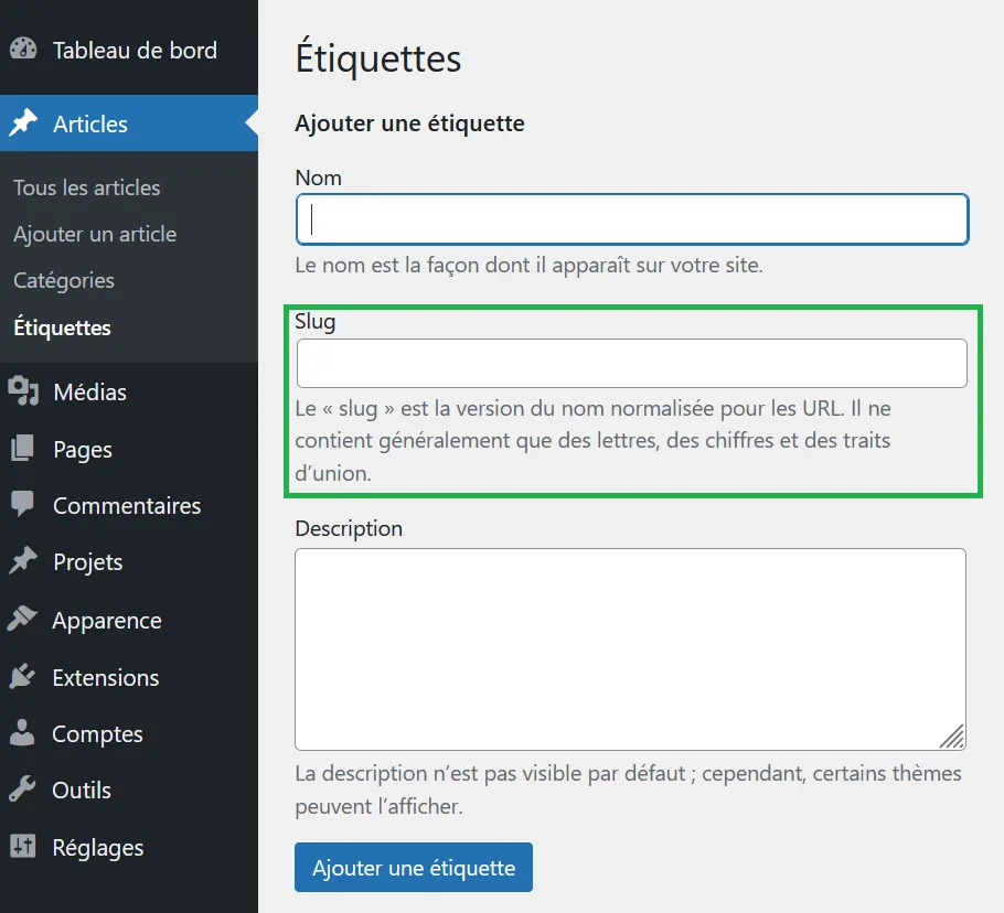 definir-slugs-etiquette-wordpress interface d'édition d'un slug d'étiquette wordpress