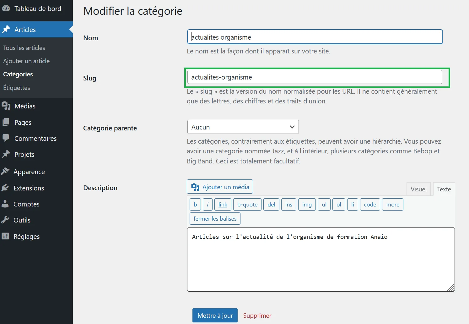 modifier-slug-categorie-wordpress modifier le slug d'une catégorie dans wordpress