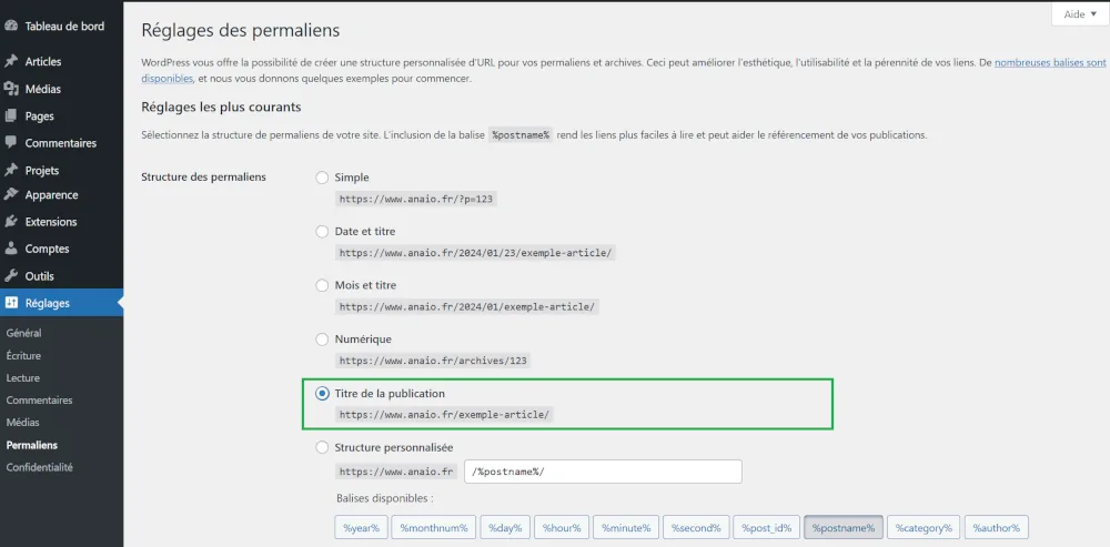 réglages-permaliens-wordpress paramétrage permaliens wordpress