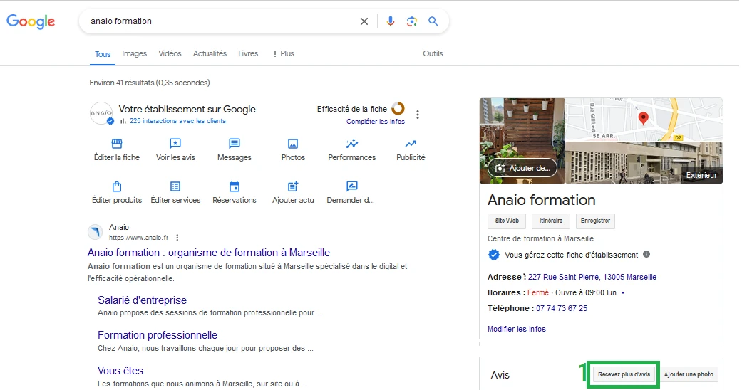acceder au lien direct avis google depuis administration capture exemple lien vers avis google